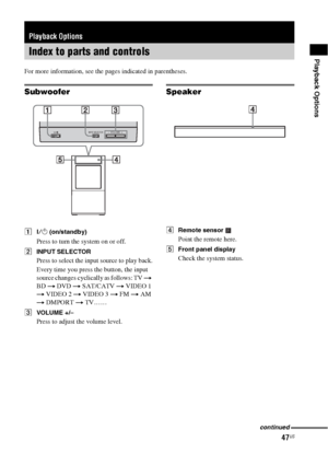 Page 4747US
Playback Options
For more information, see the pages indicated in parentheses.
Subwoofer
A?/1 (on/standby)
Press to turn the system on or off.
BINPUT SELECTOR
Press to select the input source to play back.
Every time you press the button, the input 
source changes cyclically as follows: TV t 
BD t DVD t SAT/CATV t VIDEO 1 
t VIDEO 2 t VIDEO 3 t FM t AM 
t DMPORT t TV……
CVOLUME +/–
Press to adjust the volume level.
Speaker
DRemote sensor 
Point the remote here.
EFront panel display
Check the system...