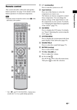 Page 4949US
Playback Options
Remote control
This section describes subwoofer and speaker 
button operation. See page 72 for details on the 
button operation of connected components.
 Point the remote towards the remote sensor ( ) of the 
subwoofer or the speaker.
* The 5, N, and TV CH CHANNEL + buttons have 
a tactile dot. Use it as a guide during operation.
A?/1 (on/standby)
Press to turn the system on or off.
BInput buttons
Press one of the buttons to select the 
component you want to use. 
The buttons are...