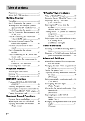 Page 66US
Precautions ...............................................3
About the S-AIR function ........................5
Getting Started
Unpacking ................................................8
Step 1: Positioning the system ...............10
Warning about installing the system’s 
speaker to the TV stand or a wall ....12
Step 2: Connecting the speaker ..............25
Step 3a: Connecting the components with 
HDMI jacks .....................................27
Step 3b: Connecting the components 
without HDMI...