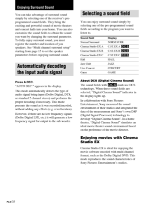 Page 2424GB
Enjoying Surround Sound
You can take advantage of surround sound
simply by selecting one of the receiver’s pre-
programmed sound fields. They bring the
exciting and powerful sound of movie theaters
and concert halls into your home. You can also
customize the sound fields to obtain the sound
you want by changing the surround parameter.
To fully enjoy surround sound, you must
register the number and location of you
speakers. See “Multi channel surround setup”
starting from page 15 to set the speaker...