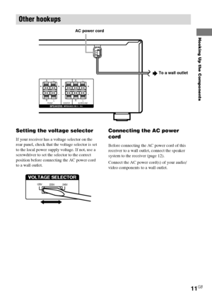 Page 11Hooking Up the Components
HT-DDW750    4-244-183-11(1) GB
11GB
Connecting the AC power
cord
Before connecting the AC power cord of this
receiver to a wall outlet, connect the speaker
system to the receiver (page 12).
Connect the AC power cord(s) of your audio/
video components to a wall outlet.
Other hookups
Setting the voltage selector
If your receiver has a voltage selector on the
rear panel, check that the voltage selector is set
to the local power supply voltage. If not, use a
screwdriver to set the...