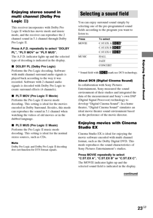 Page 23Enjoying Surround Sound
HT-DDW750    4-244-183-11(1) GB
23GB
Selecting a sound field
You can enjoy surround sound simply by
selecting one of the pre-programmed sound
fields according to the program you want to
listen to.
Press To select
MOVIE C.ST.EX A DCS *
C.ST.EX B DCS *
C.ST.EX C DCS *
MUSIC HALL
JAZZ
CONCERT
* Sound field with DCS  mark use DCS technology.
About DCS (Digital Cinema Sound)
In collaboration with Sony Pictures
Entertainment, Sony measured the sound
environment of their studios and...