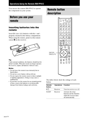 Page 36HT-DDW750    4-244-183-11(1) GB
36GB
You can use the remote RM-PP412 to operate
the components in your system.
Before you use your
remote
Inserting batteries into the
remote
Insert R6 (size-AA) batteries with the + and –
properly oriented in the battery compartment.
When using the remote, point it at the remote
sensor g on the receiver.
TipUnder normal conditions, the batteries should last for
about 6 months. When the remote no longer operates
the receiver, replace all batteries with new ones.
Notes• Do...