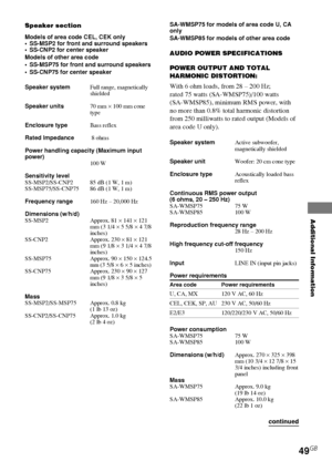 Page 49Additional Information
HT-DDW750    4-244-183-11(1) GB
49GB
Speaker section
Models of area code CEL, CEK only
• SS-MSP2 for front and surround speakers
• SS-CNP2 for center speaker
Models of other area code
• SS-MSP75 for front and surround speakers
• SS-CNP75 for center speaker
Speaker systemFull range, magnetically
shielded
Speaker units70 mm × 100 mm cone
type
Enclosure typeBass reflex
Rated Impedance 8 ohms
Power handling capacity (Maximum input
power)
100 W
Sensitivity level
SS-MSP2/SS-CNP2 85 dB (1...