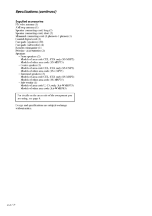 Page 50HT-DDW750    4-244-183-11(1) GB
50GB
Supplied accessories
FM wire antenna (1)
AM loop antenna (1)
Speaker connecting cord, long (2)
Speaker connecting cord, short (3)
Monaural connecting cord (1 phono to 1 phono) (1)
Coaxial digital cord (1)
Foot pads (speakers) (20)
Foot pads (subwoofer) (4)
Remote commander (1)
R6 (size -AA) batteries (2)
Speakers
• Front speakers (2)
Models of area code CEL, CEK only (SS-MSP2)
Models of other area code (SS-MSP75)
• Center speaker (1)
Models of area code CEL, CEK only...