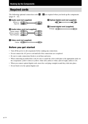 Page 6HT-DDW750    4-244-183-11(1) GB
6GB
Hooking Up the Components
Before you get started
• Turn off the power to all components before making any connections.
• Do not connect the AC power cord until all of the connections are completed.
• Be sure to make connections firmly to avoid hum and noise.
• When connecting an audio/video cord, be sure to match the color-coded pins to the appropriate jacks on
the components: yellow (video) to yellow; white (left, audio) to white; and red (right, audio) to red.
• When...