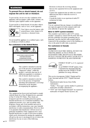 Page 22GB
WARNING
To prevent fire or shock hazard, do not
expose the unit to rain or moisture.
To prevent fire, do not cover the ventilation of the
apparatus with newspapers, table-cloths, curtains, etc.
And don’t place lighted candles on the apparatus.
To prevent fire or shock hazard, do not place objects
filled with liquids, such as vases, on the apparatus.
Don’t throw away the battery with
general house waste, dispose of it
correctly as  chemical waste.
Do not install the appliance in a confined space,...