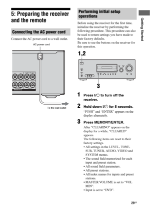 Page 2929GB
Getting Started5: Preparing the receiver 
and the remote
Connect the AC power cord to a wall outlet.Before using the receiver for the first time, 
initialize the receiver by performing the 
following procedure. This procedure can also 
be used to return settings you have made to 
their factory defaults. 
Be sure to use the buttons on the receiver for 
this operation.
1Press ?/1 to turn off the 
receiver.
2Hold down ?/1 for 5 seconds.
“PUSH” and “ENTER” appears on the 
display alternately.
3Press...