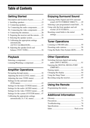 Page 44GB
Table of Contents
Getting Started
Description and location of parts...................5
1: Installing speakers ................................... 15
2: Connecting speakers ................................ 17
3a: Connecting the audio components......... 19
3b: Connecting the video components ........ 20
4: Connecting the antennas.......................... 28
5: Preparing the receiver and the remote .....29
6: Selecting the speaker system ................... 30
7: Calibrating the appropriate settings...