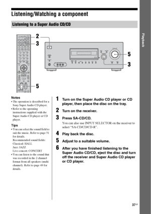 Page 3737GB
 
Playback
Listening/Watching a component
Listening to a Super Audio CD/CD
SYSTEM STANDBY
TUNING –
DISC SKIP
MUTING
TOP MENU MENU F1
TV INPUT WIDEF2 TV VOL
MASTER VOLTV CH
PRESETTUNING +
GUIDEDISPLAY
RETURN/
EXITOPTIONS
TOOLS
REPLAY ADVANCE
TVVIDEO 1 VIDEO 2 VIDEO 3 DVD
SAT TV TUNER
2CH A.F.D. MOVIE MUSIC
SLEEP
FM MODE D. TUNING
SA-CD/CDAUX DMPORT RECEIVERRM SET UP
?/1
MEMORY
.>mM
x X
MENU
H
CLEAR>10– /– –
