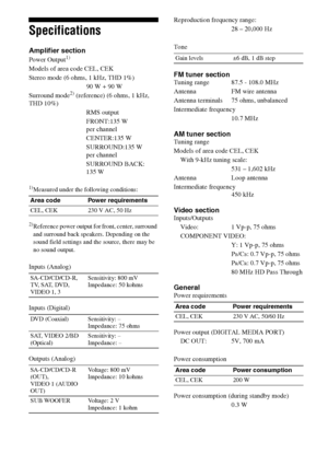 Page 7878GB
Specifications
Amplifier section
Power Output1)
Models of area code CEL, CEK
Stereo mode (6 ohms, 1 kHz, THD 1%)
90 W + 90 W
Surround mode
2) (reference) (6 ohms, 1 kHz, 
THD 10%)
RMS output
FRONT:135 W 
per channel
CENTER:135 W
SURROUND:135 W 
per channel
SURROUND BACK: 
135 W
1)Measured under the following conditions:
2)Reference power output for front, center, surround 
and surround back speakers. Depending on the 
sound field settings and the source, there may be 
no sound output.
Inputs...