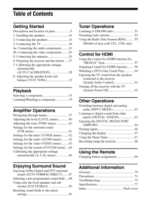 Page 44GB
Table of Contents
Getting Started
Description and location of parts................... 5
1: Installing the speakers ............................. 14
2: Connecting the speakers.......................... 16
3: Connecting the TV .................................. 18
4a: Connecting the audio components......... 19
4b: Connecting the video components ........ 20
5: Connecting the antennas.......................... 26
6: Preparing the receiver and the remote .....27
7: Calibrating the appropriate settings...