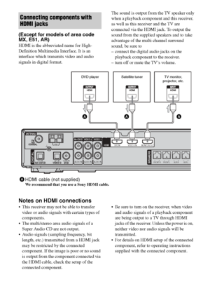 Page 20
20GB
C:\Documents and 
Settings\pc13\Desktop\JC060000_2661769142SF1000_GB\2661769142\GB03CON_HT-SF1000-
CEL.fmmasterpage: Left
model name1[HT-SF1000] 
model name2[HT-SS1000] 2-661-769- 14
 (2)
(Except for models of area code 
MX, E51, AR)
HDMI is the abbreviated name for High-
Definition Multimedia Interface. It is an 
interface which transmits video and audio 
signals in digital format. The sound is output from the TV speaker only
when a playback component and this receiver, 
as well as this receiver...