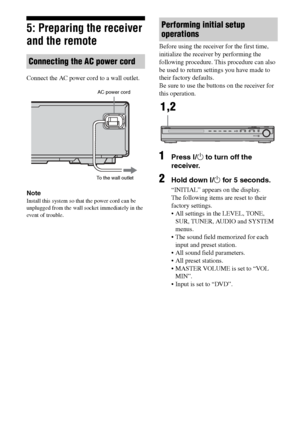 Page 22
22GB
C:\Documents and 
Settings\pc13\Desktop\JC060000_2661769142SF1000_GB\2661769142\GB03CON_HT-SF1000-
CEL.fmmasterpage: Left
model name1[HT-SF1000] 
model name2[HT-SS1000] 2-661-769- 14
 (2)
5: Preparing the receiver 
and the remote
Connect the AC power cord to a wall outlet.
Note
Install this system so th at the power cord can be 
unplugged from the wall socket immediately in the 
event of trouble.
Before using the receiver for the first time, 
initialize the receiver by performing the 
following...