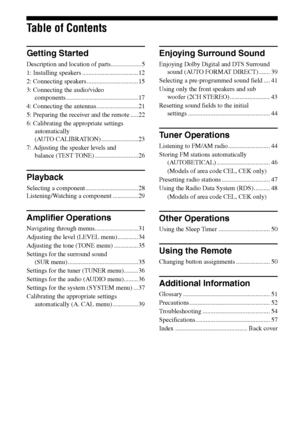 Page 4
4GB
C:\Documents and 
Settings\pc13\Desktop\JC060000_2661769142SF1000_GB\2661769142\GB01COV_HT-SF1000-
CELTOC.fmmasterpage: Left
model name1[HT-SF1000] 
model name2[HT-SS1000] 2-661-769- 14
 (2)
Table of Contents
Getting Started
Description and location of parts...................5
1: Installing speakers ................................... 12
2: Connecting speakers ................................ 15
3: Connecting the audio/video   
components .............................................17
4:...