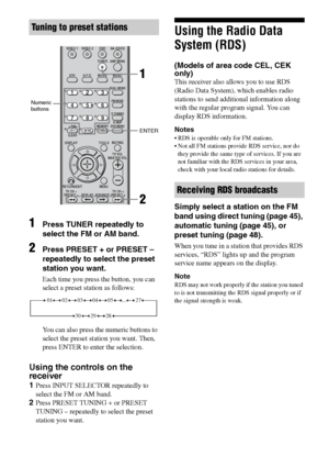 Page 48
48GB
C:\Documents and 
Settings\pc13\Desktop\JC060000_2661769142SF1000_GB\2661769142\GB05AMP_HT-SF1000-
CEL.fmmasterpage: Left
model name1[HT-SF1000] 
model name2[HT-SS1000] 2-661-769- 14
 (2)
1Press TUNER repeatedly to 
select the FM or AM band.
2Press PRESET + or PRESET – 
repeatedly to select the preset 
station you want.
Each time you press the button, you can 
select a preset station as follows:
You can also press the numeric buttons to 
select the preset station you want. Then, 
press ENTER to...