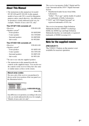 Page 33GB
About This Manual
 The instructions in this manual are for model  
HT-SF1100 and HT-SS1100. In this manual, 
models of area code CEL is used for illustration 
purposes unless stated otherwise. Any difference 
in operation is clearly indicated in the text, for 
example, “Models of area code CEL only”.
The HT-SF1100 consists of:
 Receiver STR-KS1100
 Speaker systema)
– Front speakers SS-MSP2000
– Center speaker SS-CNP2000
– Surround speakers SS-SRP2000
– Sub woofer  SS-WP2000
The HT-SS1100 consists...