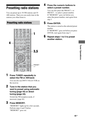 Page 4545GB
 
 
 
 
Tuner Operations
Presetting radio stations
You can preset up to 30 FM stations and 30 
AM stations. Then you can easily tune in the 
stations you often listen to.
1Press TUNER repeatedly to 
select the FM or AM band.
You can also use INPUT SELECTOR on 
the receiver.
2Tune in the station that you 
want to preset using automatic 
tuning (page 43) or direct 
tuning (page 44).
Switch the FM reception mode, if 
necessary (page 44).
3Press MEMORY.
“MEMORY” lights up for a few seconds. 
Perform...