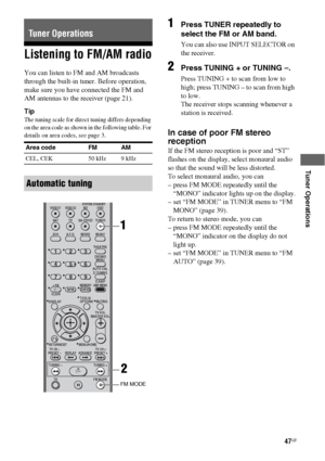 Page 4747GB
 
 
 
 
Tuner Operations
Listening to FM/AM radio
You can listen to FM and AM broadcasts 
through the built-in tuner. Before operation, 
make sure you have connected the FM and 
AM antennas to the receiver (page 21).
Tip
The tuning scale for direct tuning differs depending 
on the area code as shown in the following table. For 
details on area codes, see page 3.
1Press TUNER repeatedly to 
select the FM or AM band.
You can also use INPUT SELECTOR on 
the receiver.
2Press TUNING + or TUNING –.
Press...