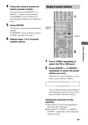 Page 4949GB
 
 
 
 
Tuner Operations
4Press the numeric buttons to 
select a preset number.
You can also press the PRESET + or 
PRESET – to select a preset number.
If “MEMORY” goes out before you 
select the preset number, start again from 
step 3.
5Press ENTER.
The station is stored as the selected preset 
number. 
If “MEMORY” goes out before you press 
ENTER, start again from step 3.
6Repeat steps 1 to 5 to preset 
another station.
1Press TUNER repeatedly to 
select the FM or AM band.
2Press PRESET + or...