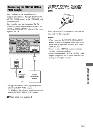 Page 5959GB
 
 
 
 
 
 
Other Operations
You can listen to the sound from the 
component connected through the DIGITAL 
MEDIA PORT adapter to the DMPORT jack 
on the receiver.
You can also view the images on the TV 
screen by connecting the video output of the 
DIGITAL MEDIA PORT adapter to the video 
input of the TV.
To detach the DIGITAL MEDIA 
PORT adapter from DMPORT 
jack
Press and hold both sides of the connector and 
then pull out the connector.
Notes
 When connecting the DIGITAL MEDIA PORT 
adapter, be...