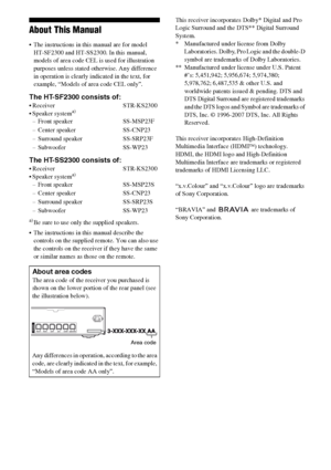 Page 44GB
About This Manual
 The instructions in this manual are for model  
HT-SF2300 and HT-SS2300. In this manual, 
models of area code CEL is used for illustration 
purposes unless stated otherwise. Any difference 
in operation is clearly indicated in the text, for 
example, “Models of area code CEL only”.
The HT-SF2300 consists of:
 Receiver STR-KS2300
 Speaker systema)
– Front speaker SS-MSP23F
– Center speaker SS-CNP23
– Surround speaker SS-SRP23F
– Subwoofer SS-WP23
The HT-SS2300 consists of:
 Receiver...