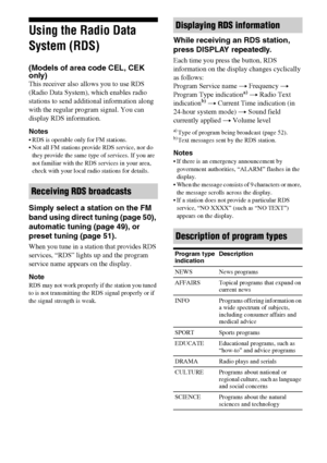 Page 5252GB
Using the Radio Data 
System (RDS)
(Models of area code CEL, CEK 
only) 
This receiver also allows you to use RDS 
(Radio Data System), which enables radio 
stations to send additional information along 
with the regular program signal. You can 
display RDS information.
Notes
 RDS is operable only for FM stations.
 Not all FM stations provide RDS service, nor do 
they provide the same type of services. If you are 
not familiar with the RDS services in your area, 
check with your local radio stations...
