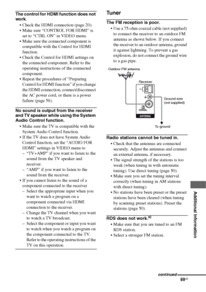 Page 6969GB
 
 
 
 
 
 
 
 
Additional Information
The control for HDMI function does not 
work.
 Check the HDMI connection (page 20).
 Make sure “CONTROL FOR HDMI” is 
set to “CTRL ON” in VIDEO menu. 
 Make sure the connected component is 
compatible with the Control for HDMI 
function.
 Check the Control for HDMI settings on 
the connected component. Refer to the 
operating instructions of the connected 
component.
 Repeat the procedures of “Preparing 
Control for HDMI function” if you change 
the HDMI...