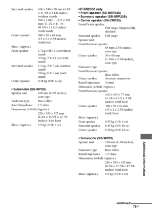 Page 7373GB
 
 
 
 
 
 
 
 
Additional Information
Surround speaker 108 × 540 × 78 mm (4 3/8 
× 21 3/8 × 3 1/8 inches) 
(without stand) 
290 × 1,045 - 1,235 × 290 
mm (11 1/2 × 41 1/4 -  
48 5/8 × 11 1/2 inches) 
(with stand)
Center speaker 380 × 50 × 64 mm 
(15 × 2 × 2 5/8 inches) 
(with foot)
Mass (Approx.)
Front  speaker 1.7 kg (3 lb 12 oz) (without 
stand) 
3.5 kg (7 lb 12 oz) (with 
stand)
Surround speaker 1.1 kg (2 lb 7 oz) (without 
stand) 
2.8 kg (6 lb 3 oz) (with 
stand)
Center speaker 0.38 kg (0 lb 14...