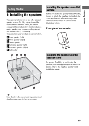 Page 1717US
Getting Started
1: Installing the speakers
This receiver allows you to use a 5.1 channel 
speaker system. To fully enjoy theater-like 
multi channel surround sound, be sure to 
connect all the speakers (two front speakers, a 
center speaker, and two surround speakers) 
and a subwoofer (5.1 channel).
You can place your speakers as shown below.
AFront speaker (left)
BFront speaker (right)
CCenter speaker
DSurround speaker (left)
ESurround speaker (right)
FSubwoofer
Tip
Since the subwoofer does not...