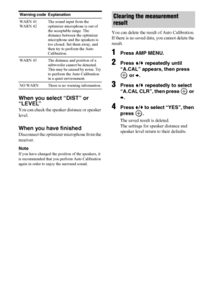Page 3030US
When you select “DIST” or 
“LEVEL”
You can check the speaker distance or speaker 
level.
When you have finished
Disconnect the optimizer microphone from the 
receiver.
Note
If you have changed the position of the speakers, it 
is recommended that you perform Auto Calibration 
again in order to enjoy the surround sound.
You can delete the result of Auto Calibration.
If there is no saved data, you cannot delete the 
result.
1Press AMP MENU.
2Press V/v repeatedly until  
“A.CAL” appears, then press...