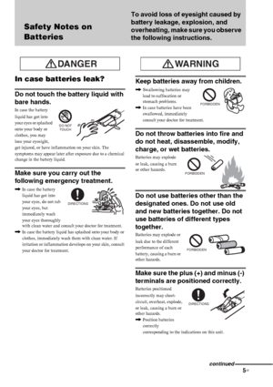 Page 55US
Safety Notes on 
Batteries
To avoid loss of eyesight caused by 
battery leakage, explosion, and 
overheating, make sure you observe 
the following instructions.
In case batteries leak?
Do not touch the battery liquid with 
bare hands.
In case the battery 
liquid has got into 
your eyes or splashed 
onto your body or 
clothes, you may 
lose your eyesight, 
get injured, or have inflammation on your skin. The 
symptoms may appear later after exposure due to a chemical 
change in the battery liquid.
Make...