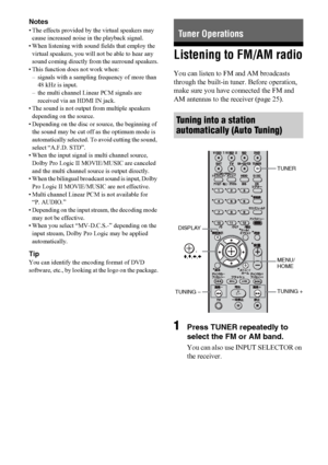 Page 4444US
Notes
• The effects provided by the virtual speakers may 
cause increased noise in the playback signal. 
• When listening with sound fields that employ the 
virtual speakers, you will not be able to hear any 
sound coming directly from the surround speakers.
• This function does not work when:
– signals with a sampling frequency of more than 
48 kHz is input.
– the multi channel Linear PCM signals are 
received via an HDMI IN jack.
• The sound is not output from multiple speakers 
depending on the...