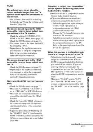 Page 6161US
 
 
 
 
 
 
 
Additional Information
HDMI
The volume turns down when the 
output method changes from the TV 
speaker to the speakers connected to 
the receiver.
• The Volume Limit function is working. 
For details, see “Using the Volume Limit 
function” (page 51).
The source sound input to the HDMI 
jack on the receiver is not output from 
the receiver or the TV speaker.
• Check the setting of CONTROL FOR 
HDMI in the SET HDMI menu (page 39).
• Check the HDMI connection (page 22).
• You cannot...