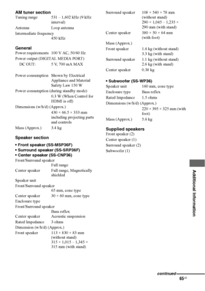 Page 6565US
 
 
 
 
 
 
 
Additional Information
AM tuner sectionTuning range 531 – 1,602 kHz (9 kHz 
interval)
Antenna Loop antenna
Intermediate frequency 
450 kHz
GeneralPower requirements 100 V AC, 50/60 Hz
Power output (DIGITAL MEDIA PORT)
DC OUT: 5 V, 700 mA MAX
Power consumption Shown by Electrical 
Appliance and Material 
Safety Law 150 W
Power consumption (during standby mode)
0.3 W (When Control for 
HDMI is off)
Dimensions (w/h/d) (Approx.)
430 × 66.5 × 333 mm 
including projecting parts 
and...