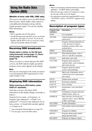 Page 20masterpage:Left lename[E:\SEM_Janet\Revision_SF800M\J9050000_2592136121SF800M_GB\2592136121\GB04BSC_HT-SF800M-CEL.fm]
20GB
model name [HT-SS600/HT-SF800M]
 [2-592-136-12(1)] (Models of area code CEL, CEK only)
This receiver also allows you to use RDS (Radio 
Data System), which enables radio stations to 
send additional information along with the 
regular program signal. You can also display 
RDS information.
Notes
 RDS is operable only for FM stations.
 Not all FM stations provide RDS service, nor do...