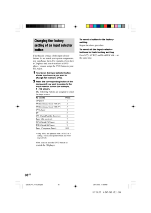 Page 3636GB
HT-SL55    4-247-583-12(1) GB
Changing the factory
setting of an input selector
button
If the factory settings of the input selector
buttons do not match your system components,
you can change them. For example, if you have
a CD player and you do not have a DVD
player, you can assign the DVD button to your
CD player.
1Hold down the input selector button
whose input source you want to
change (for example, DVD).
2Press the corresponding button of the
component you want to assign to the
input selector...