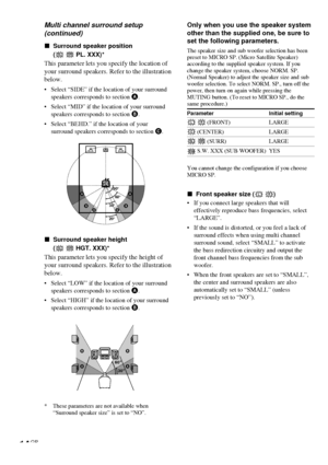 Page 1414GB
Only when you use the speaker system
other than the supplied one, be sure to
set the following parameters.
The speaker size and sub woofer selection has been
preset to MICRO SP. (Micro Satellite Speaker)
according to the supplied speaker system. If you
change the speaker system, choose NORM. SP.
(Normal Speaker) to adjust the speaker size and sub
woofer selection. To select NORM. SP., turn off the
power, then turn on again while pressing the
MUTING button. (To reset to MICRO SP., do the
same...