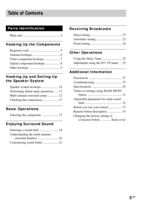 Page 33GB
Table of Contents
Parts Identification
Main unit ............................................... 4
Hooking Up the Components
Required cords ....................................... 5
Antenna hookups ................................... 6
Video component hookups .................... 7
Digital component hookups ................... 8
Other hookups ....................................... 9
Hooking Up and Setting Up
the Speaker System
Speaker system hookups ..................... 10
Performing initial setup...