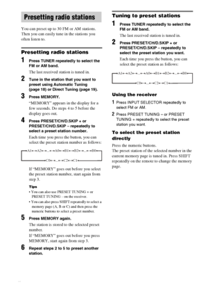 Page 20masterpage:Left lename[E:\SEM_Janet\Data_HT-SL800_REV\J9040472_4254753121SL800GB\4254753121\GB04BSC_HT-SL800-CEL.fm]
20GB
 model name1[HT-SL800]
 [4-254-753-12(1)]
You can preset up to 30 FM or AM stations. 
Then you can easily tune in the stations you 
often listen to.
Presetting radio stations
1Press TUNER repeatedly to select the 
FM or AM band.
The last received station is tuned in.
2Tune in the station that you want to 
preset using Automatic Tuning 
(page 18) or Direct Tuning (page 19).
3Press...