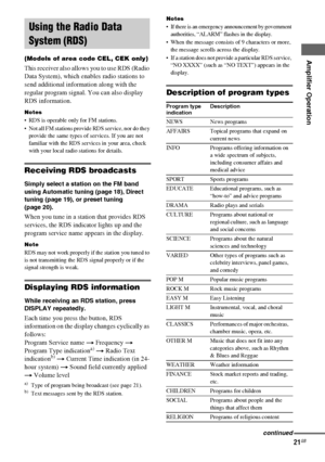 Page 21Amplifier Operation
masterpage:Right lename[E:\SEM_Janet\Data_HT-SL800_REV\J9040472_4254753121SL800GB\4254753121\GB04BSC_HT-SL800-CEL.fm]
21GB
 model name1[HT-SL800]
[4-254-753-12(1)] (Models of area code CEL, CEK only)
This receiver also allows you to use RDS (Radio 
Data System), which enables radio stations to 
send additional information along with the 
regular program signal. You can also display 
RDS information.
Notes
 RDS is operable only for FM stations.
 Not all FM stations provide RDS...