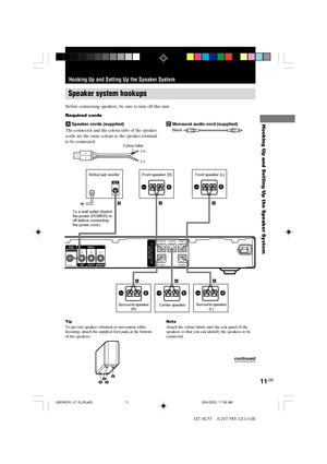 Page 1111GB
HT-SL55    4-247-583-12(1) GB
Hooking Up and Setting Up the Speaker System
Speaker system hookups
Before connecting speakers, be sure to turn off this unit.
Required cords
ASpeaker cords (supplied)B Monaural audio cord (supplied)
The connector and the colour tube of the speaker
cords are the same colour as the speaker terminal
to be connected.
Hooking Up and Setting Up the Speaker System
+–
TipTo prevent speaker vibration or movement while
listening, attach the supplied foot pads at the bottom
of...