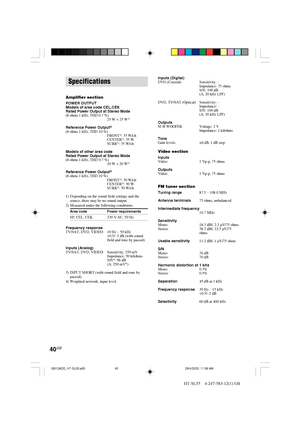 Page 4040GB
HT-SL55    4-247-583-12(1) GB
Specifications
Amplifier section
POWER OUTPUT
Models of area code CEL,CEK
Rated Power Output at Stereo Mode
(8 ohms 1 kHz, THD 0.7 %)
25 W + 25 W
2)
Reference Power Output2)
(8 ohms 1 kHz, THD 10 %)
FRONT1): 35 W/ch
CENTER1): 35 W
SURR1): 35 W/ch
Models of other area code
Rated Power Output at Stereo Mode
(8 ohms 1 kHz, THD 0.7 %)
20 W + 20 W
2)
Reference Power Output2)
(8 ohms 1 kHz, THD 10 %)
FRONT1): 30 W/ch
CENTER1): 30 W
SURR1): 30 W/ch
1) Depending on the sound...