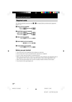 Page 66GB
HT-SL55    4-247-583-12(1) GB
Required cords
The following optional connection cords A – E are required when you hook up the components
(pages 8 – 9).
AAudio cord (not supplied)White (L)
       Red (R)
BAudio/Video cord (not supplied)Yellow (video)
White (L/audio)
Red (R/audio)
CVideo cord (not supplied)Yellow
DOptical digital cord (not supplied)
ECoaxial digital cord (supplied)
Orange
Before you get started
•Turn off the power to all components before making any connections.
•Do not connect the AC...