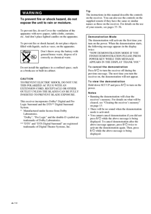 Page 22GB
WARNING
To prevent fire or shock hazard, do not
expose the unit to rain or moisture.
To prevent fire, do not Cover the ventilation of the
apparatus with news papers, table-cloths, curtains,
etc. And don’t place lighted candles on the apparatus.
To prevent fire or shock hazard, do not place objects
filled with liquids, such as vases, on the apparatus.
Don’t throw away the battery with
general house waste, dispose of it
correctly as chemical waste.
Do not install the appliance in a confined space,...