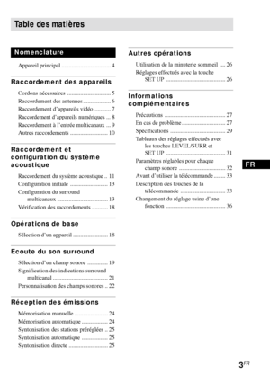 Page 393FR
Table des matières
Nomenclature
Appareil principal .................................. 4
Raccordement des appareils
Cordons nécessaires .............................. 5
Raccordement des antennes ................... 6
Raccordement d’appareils vidéo ........... 7
Raccordement d’appareils numériques ...8
Raccordement à l’entrée multicanaux ... 9
Autres raccordements .......................... 10
Raccordement et
configuration du système
acoustique
Raccordement du système acoustique ..11
Configuration...