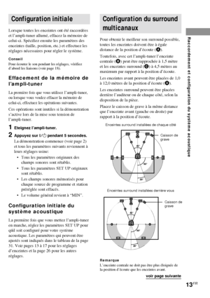 Page 4913FR
Raccordement et configuration du système acoustique
Configuration initiale
Lorsque toutes les enceintes ont été raccordées
et l’ampli-tuner allumé, effacez la mémoire de
celui-ci. Spécifiez ensuite les paramètres des
enceintes (taille, position, etc.) et effectuez les
réglages nécessaires pour régler le système.
ConseilPour écouter le son pendant les réglages, vérifiez
d’abord les liaisons (voir page 18).
Effacement de la mémoire de
l’ampli-tuner
La première fois que vous utilisez l’ampli-tuner,
ou...