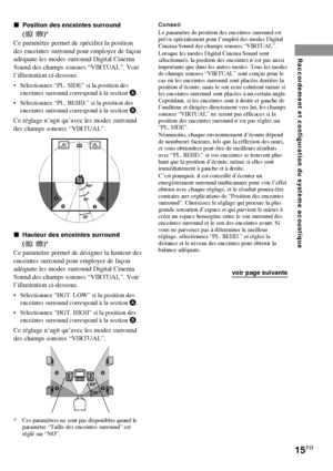 Page 5115FR
Raccordement et configuration du système acoustique
voir page suivante
ConseilLe paramètre de position des enceintes surround est
prévu spécialement pour l’emploi des modes Digital
Cinema Sound des champs sonores “VIRTUAL”.
Lorsque les modes Digital Cinema Sound sont
sélectionnés, la position des enceintes n’est pas aussi
importante que dans les autres modes. Tous les modes
de champs sonores “VIRTUAL” sont conçus pour le
cas où les enceintes surround sont placées derrière la
position d’écoute, mais...