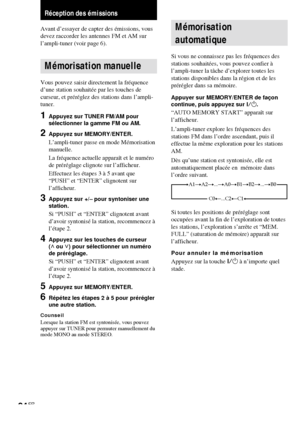 Page 6024FR
Réception des émissions
Avant d’essayer de capter des émissions, vous
devez raccorder les antennes FM et AM sur
l’ampli-tuner (voir page 6).
Mémorisation manuelle
Vous pouvez saisir directement la fréquence
d’une station souhaitée par les touches de
curseur, et préréglez des stations dans l’ampli-
tuner.
1Appuyez sur TUNER FM/AM pour
sélectionner la gamme FM ou AM.
2Appuyez sur MEMORY/ENTER.
L’ampli-tuner passe en mode Mémorisation
manuelle.
La fréquence actuelle apparaît et le numéro
de préréglage...