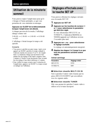 Page 6226FR
Utilisation de la minuterie
sommeil
Vous pouvez régler l’ampli-tuner pour qu’il
s’éteigne à l’heure préréglée, ce qui vous
permettra de vous endormir en musique.
Appuyez sur SLEEP de la télécommande
lorsque l’ampli-tuner est allumé.
A chaque pression de la touche, l’affichage
change comme suit:
2-00-00 t 1-30-00 t 1-00-00 t 0-30-00
t OFF
L’affichage s’éteint lorsque le temps a été
spécifié.
Conseils• Vous pouvez spécifier un autre temps. Après avoir
appuyé sur SLEEP, spécifiez le temps souhaité à...